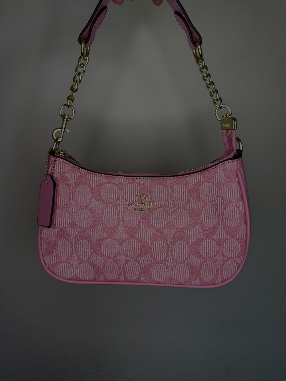 COACH Pink Signature Canvas Shoulder Bag with Gold Chain